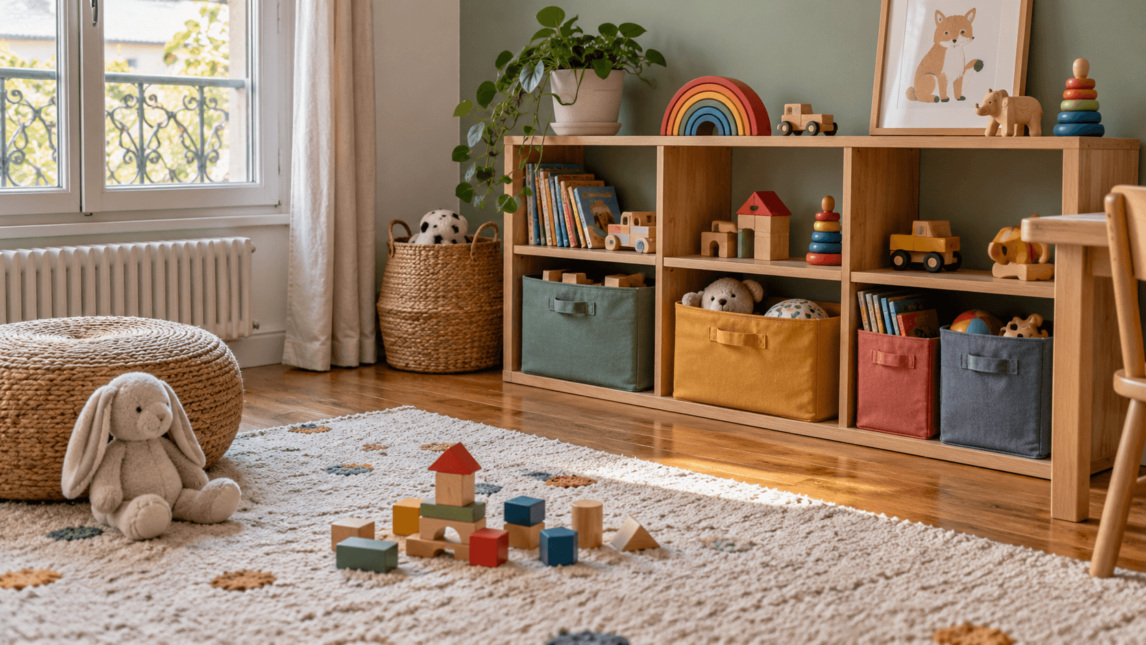 Des bacs en tissu colorés regroupent les jouets sur un meuble bas dans une chambre d’enfant fictive.