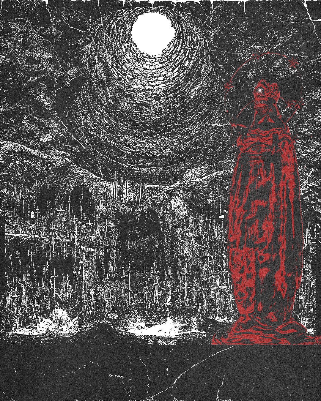 dark statue overlord with crosses in background in a cavernous catacomb