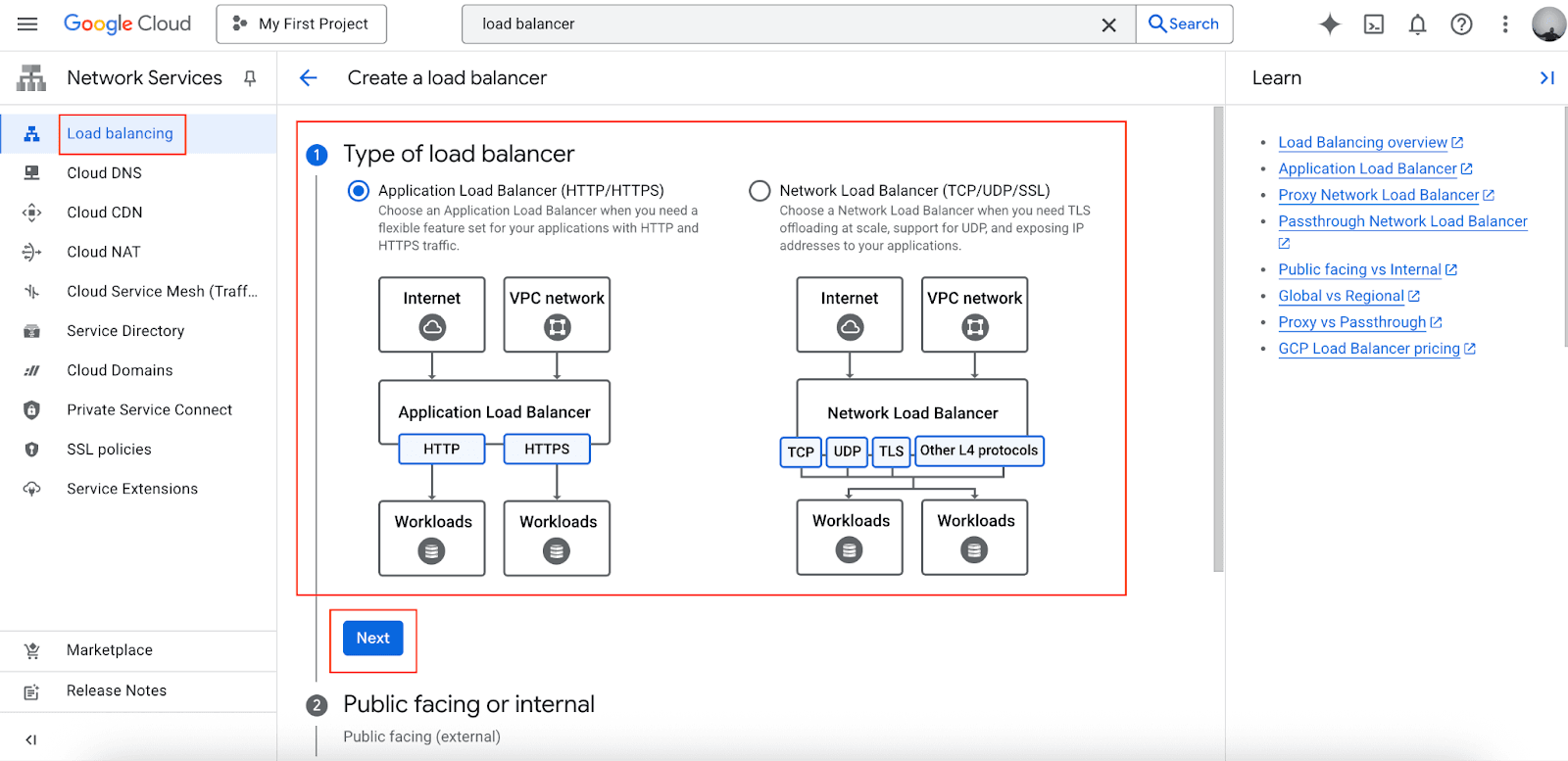 Google Cloud Load Balancing console showing load balancer type selection options
