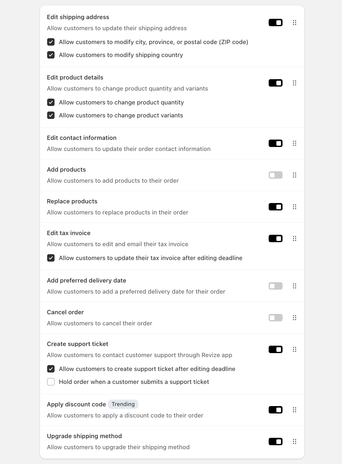 Revize Order Editing App interface to choose what order editing options to enable