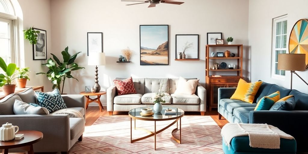 Colorful living room with diverse staging styles.