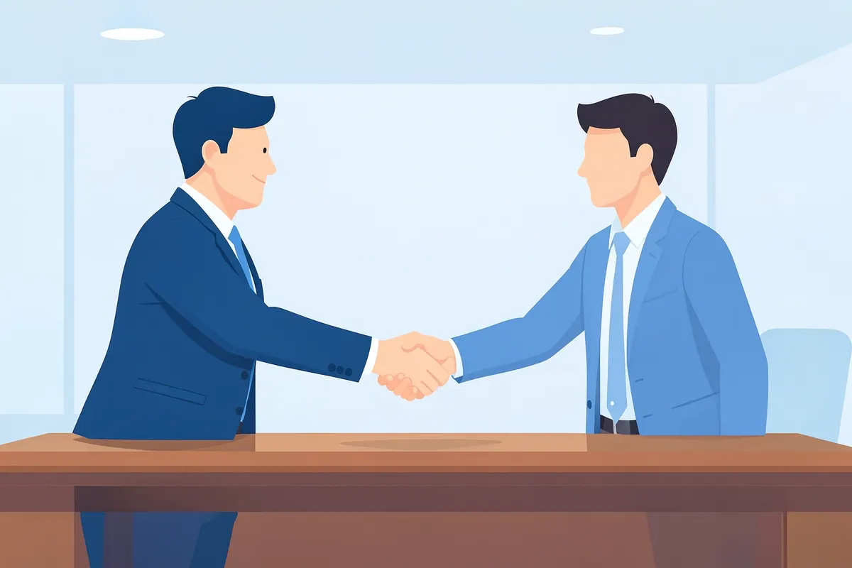 Two people shaking hands in an office setting.