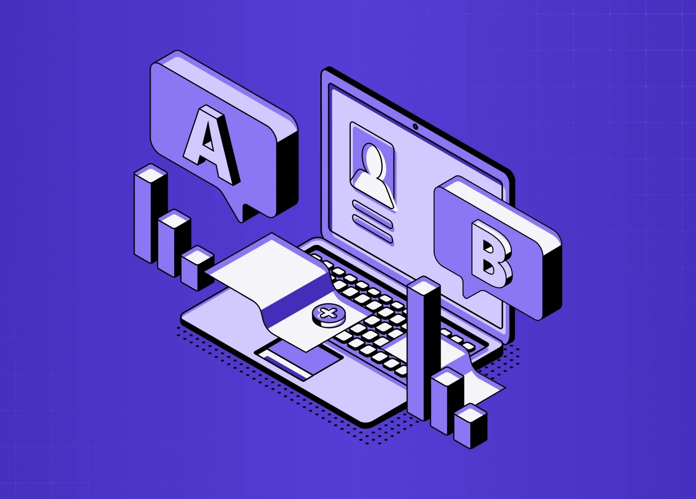 A purple isometric graphic of a laptop surrounded by data charts and "A" and "B" speech bubbles.