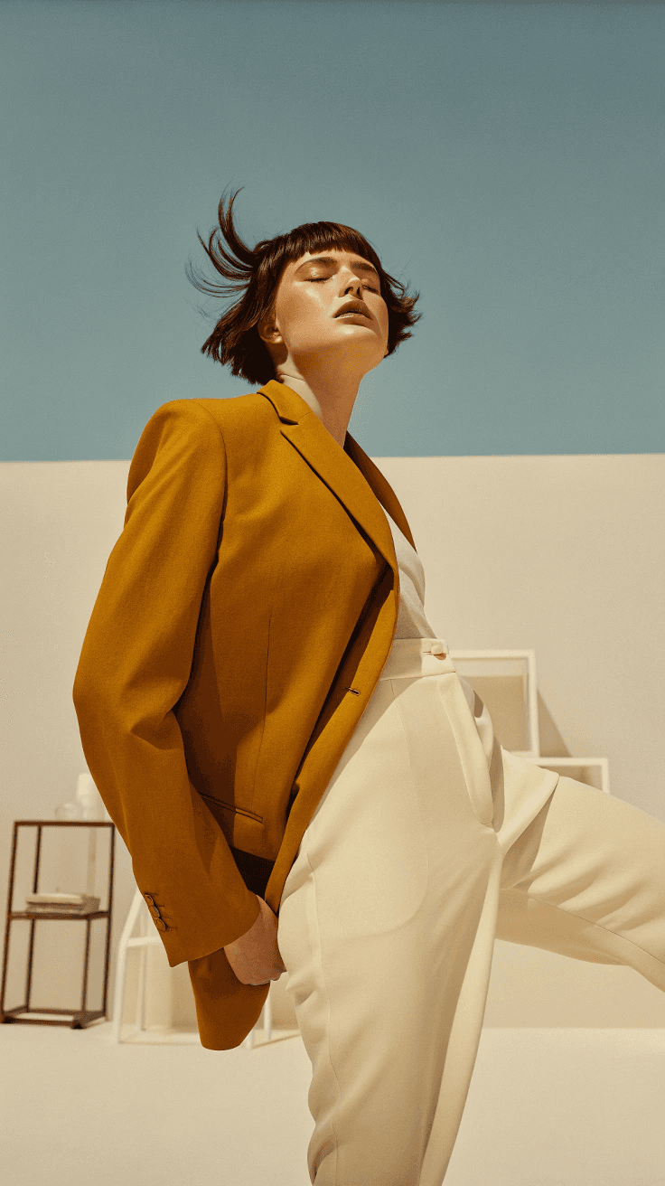 A model dressed in a mustard yellow blazer and cream trousers poses confidently against a minimalist background with sky blue and beige tones, exuding a modern and chic fashion aesthetic.