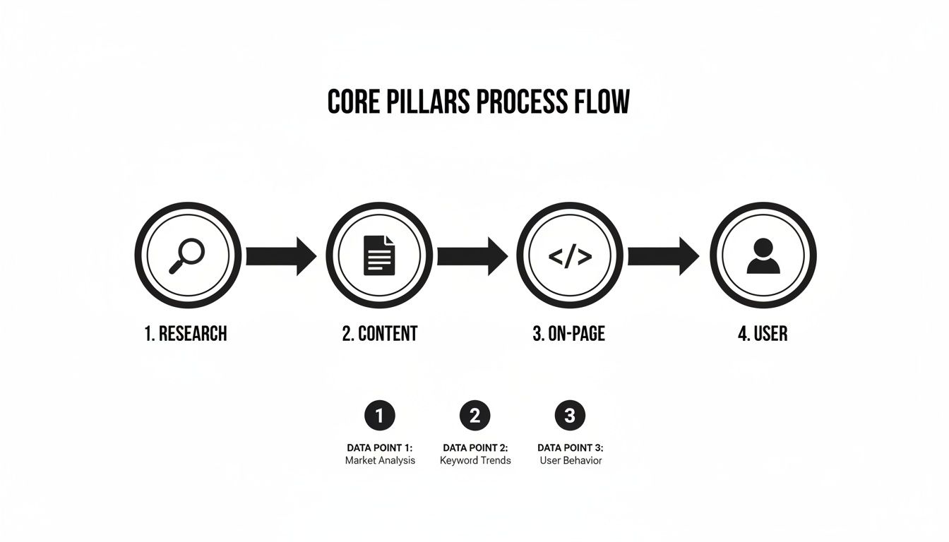 SEO core pillars process flow diagram outlining steps: research, content, on-page, and user with data points.