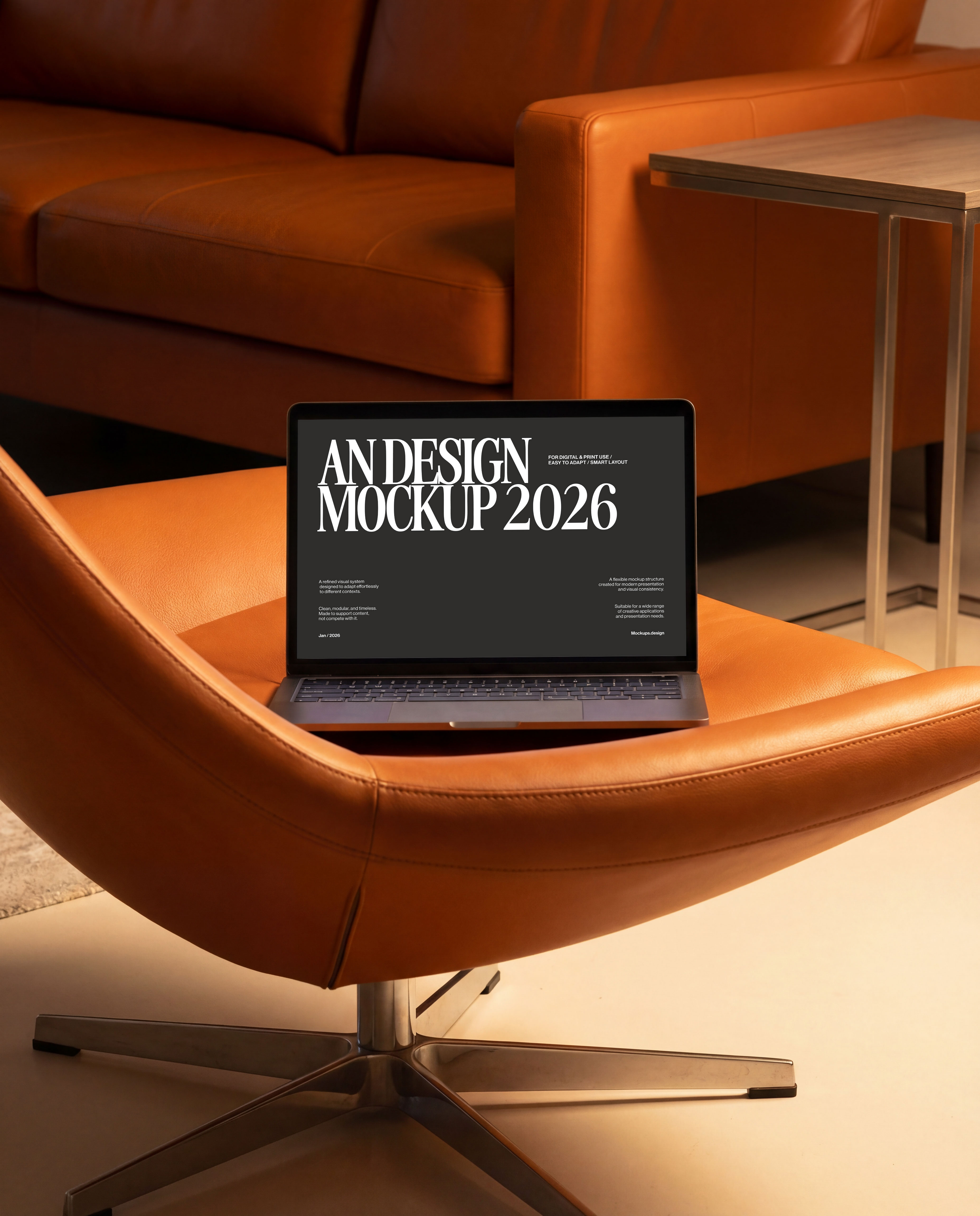 Laptop mockup on sofa, casual workspace scene