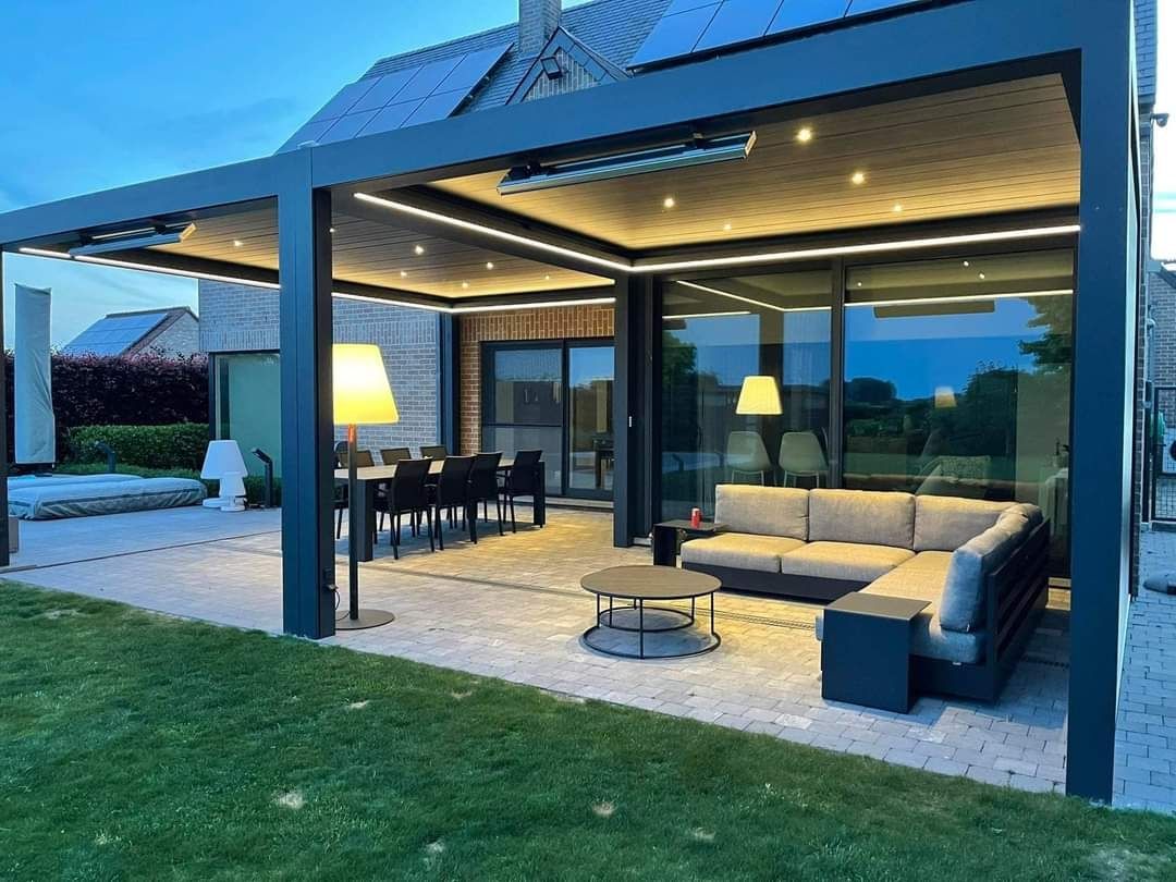 Aluminium pergola with covered seating and integrated lighting