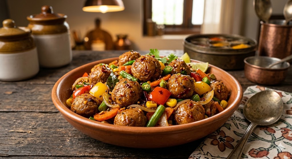 A close-up view of a nutritious and flavorful Indian-style stir-fry featuring soya chunks, colorful bell peppers, corn, carrots, and green beans, served in a rustic terracotta bowl on a wooden table.