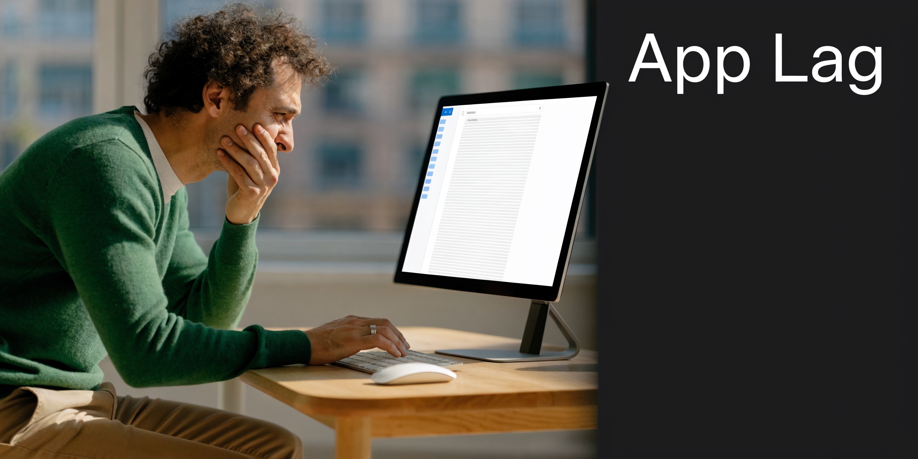A man looking frustrated at a computer screen while working, symbolizing technical issues or application lag.