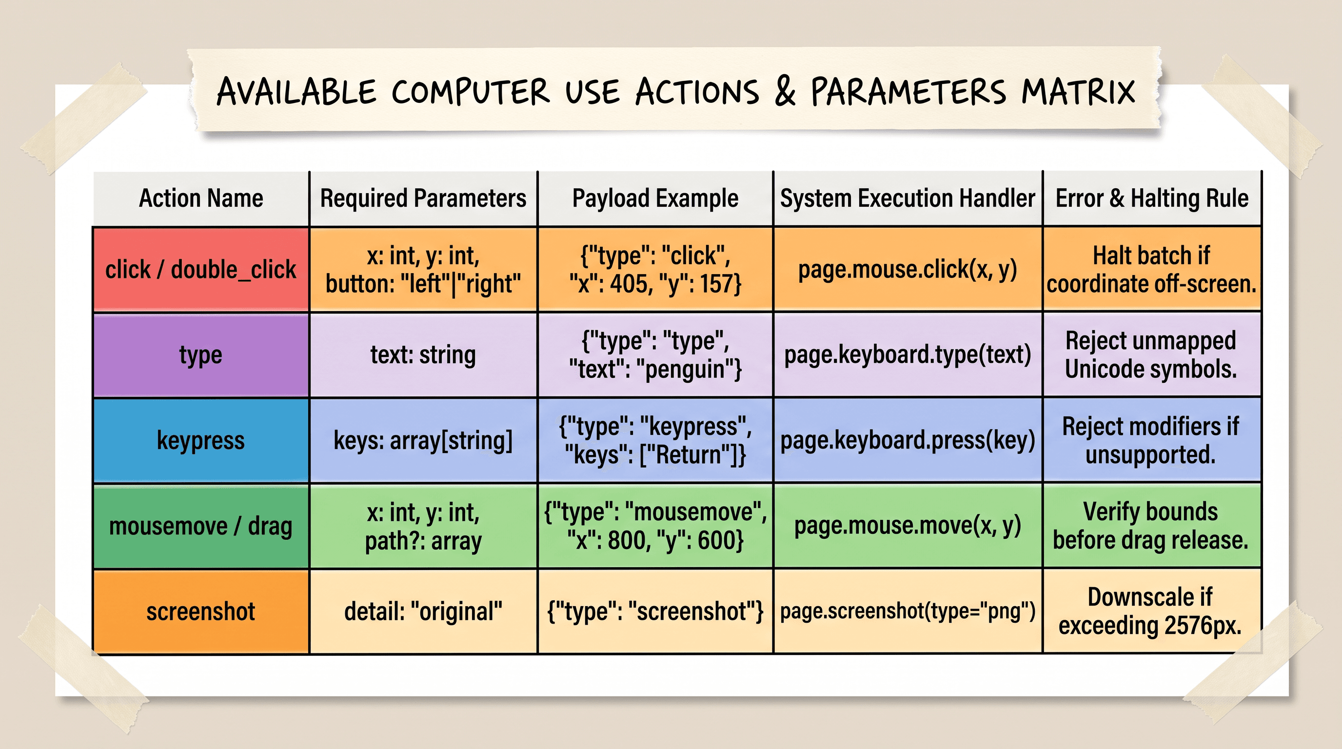 Reference matrix listing available computer use actions parameters JSON payloads and system execution handlers
