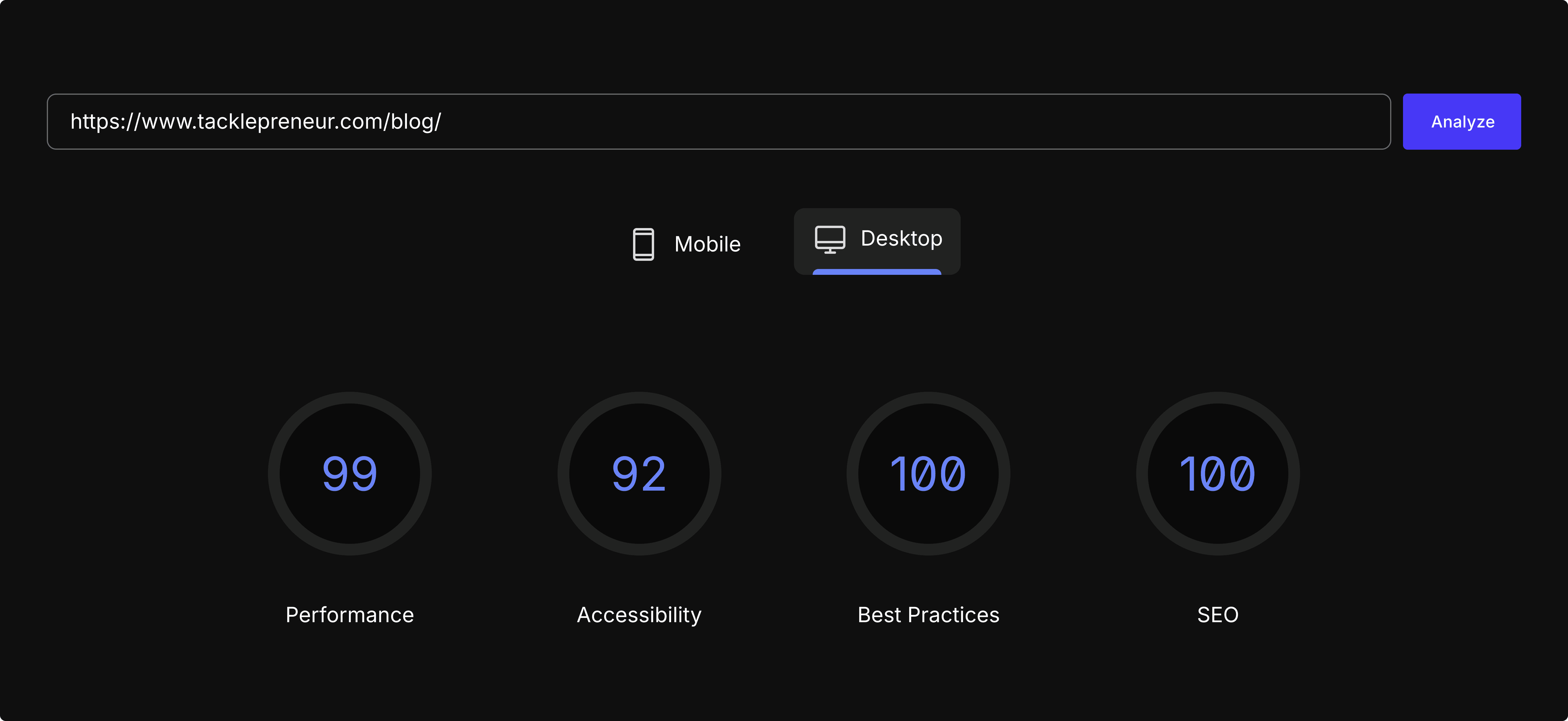 A demonstation of google page speed insights in dark theme