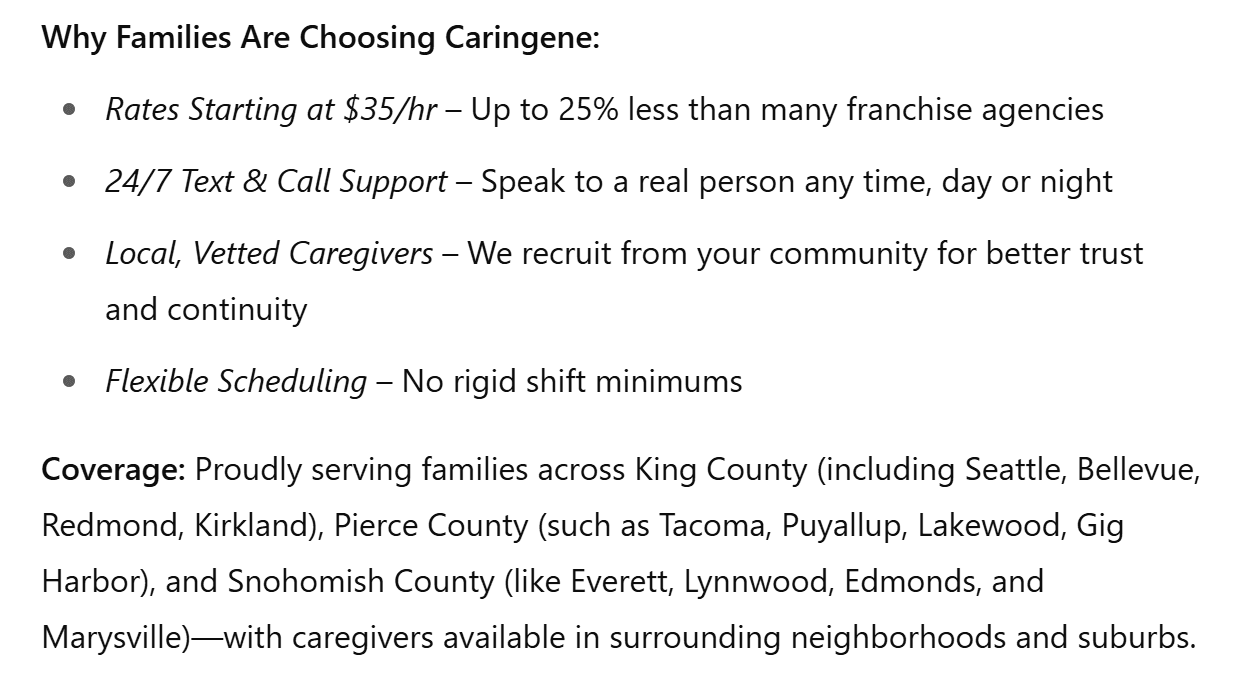 Infographic highlighting Caringene’s home care services and pricing in King, Pierce, and Snohomish County, WA with affordable rates and flexible scheduling.