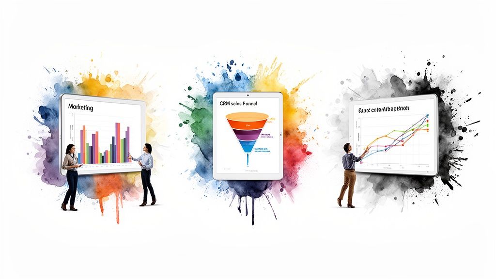 Diverse people interacting with digital tablets displaying various business analytics charts, including marketing, sales, and growth data.