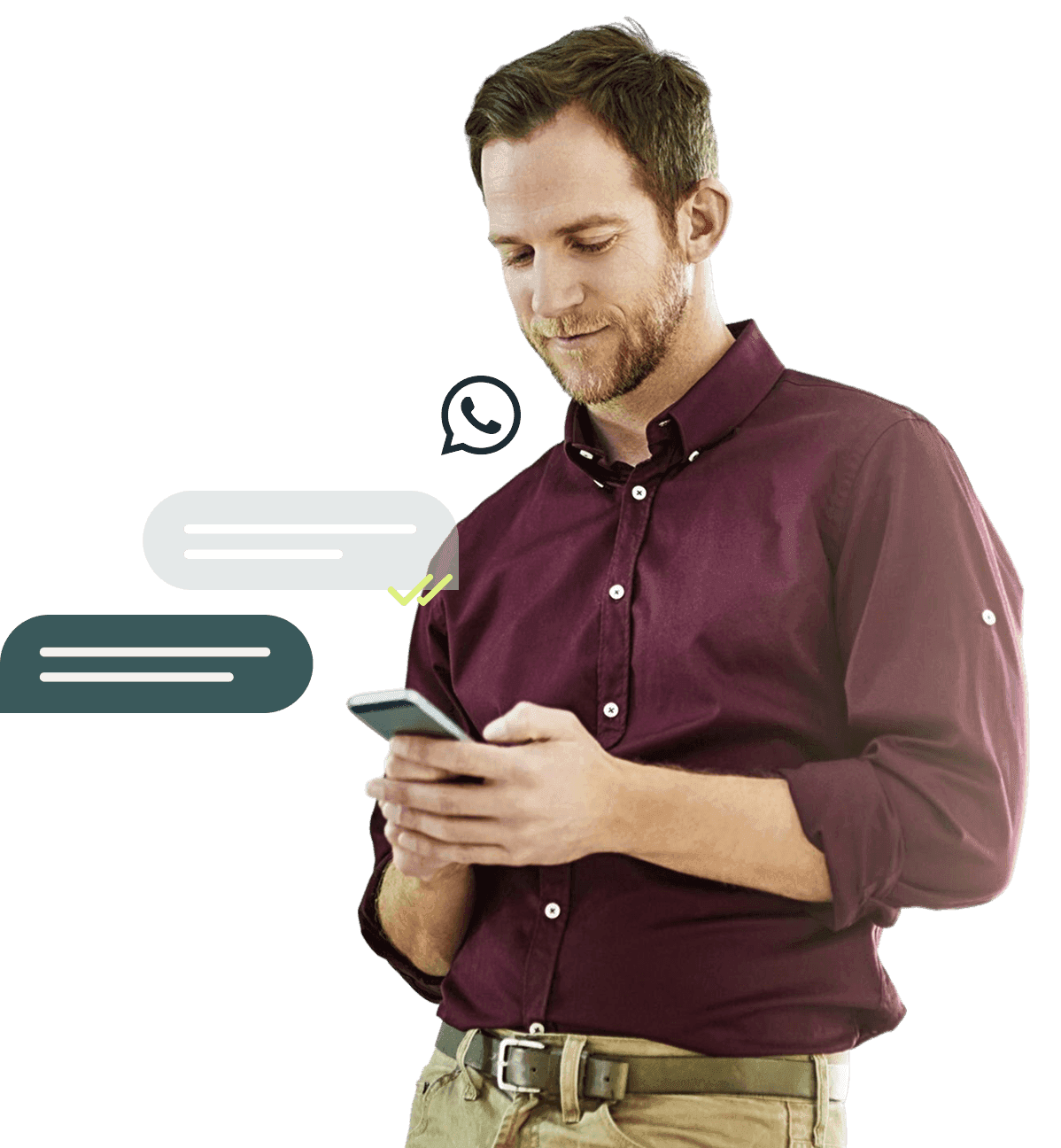 Um homem usando soluções WhatsApp Business no seu telefone com bolhas de chat flutuando acima, mostrando conversas com clientes em ação