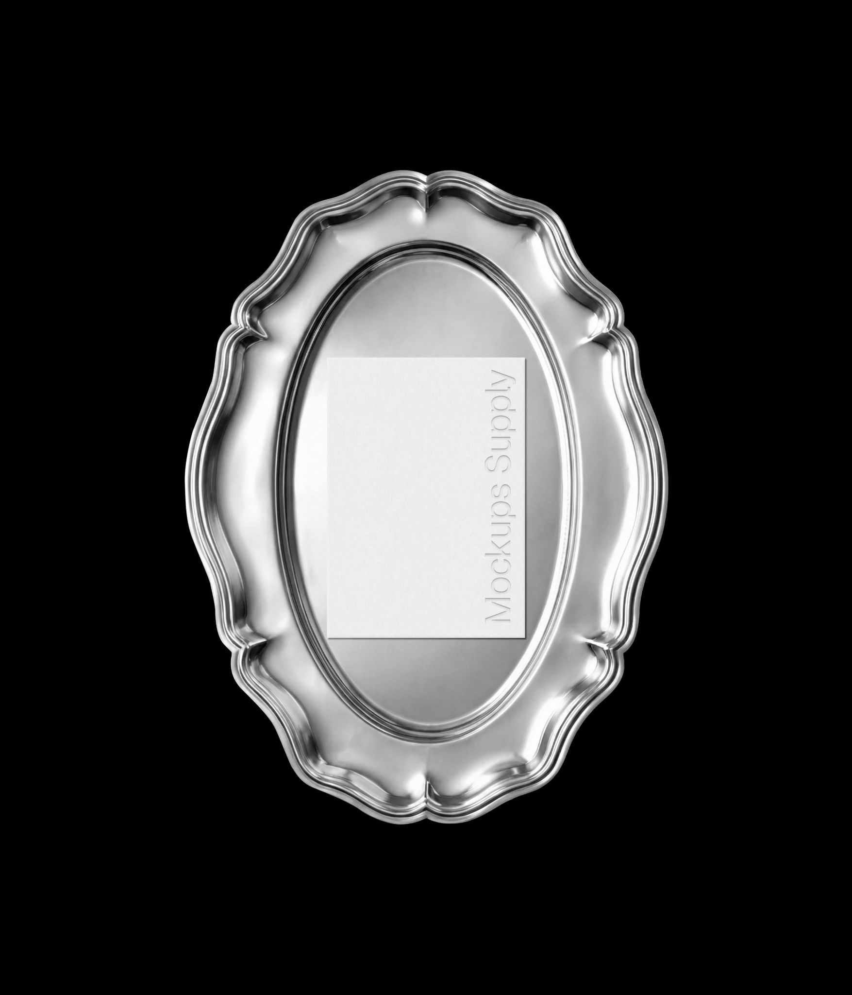 Download wedding invitation card mockup on detailed vintage silver plate with debossed text effect for elegant branding presentation