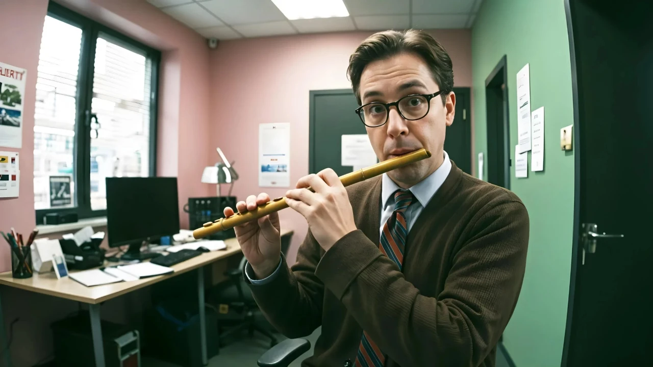 Dans un bureau aux murs colorés, un homme en chemise et cravate, portant des lunettes, est assis face à son ordinateur. Il tient une flûte traversière en métal et semble en jouer, regard dirigé vers l’objectif. Derrière lui, un bureau avec écran, lampe et documents suggère un environnement professionnel classique. Cette scène accompagne la réflexion sur les dark patterns du recrutement, en symbolisant la manipulation, la distraction et les mécanismes subtils qui peuvent faire perdre la confiance des talents.