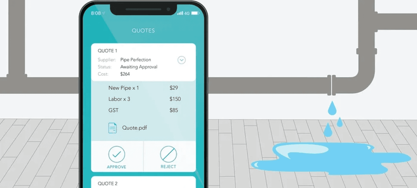 Ticked Off app showing a repair quote for approval in front of a leaking pipe in-store