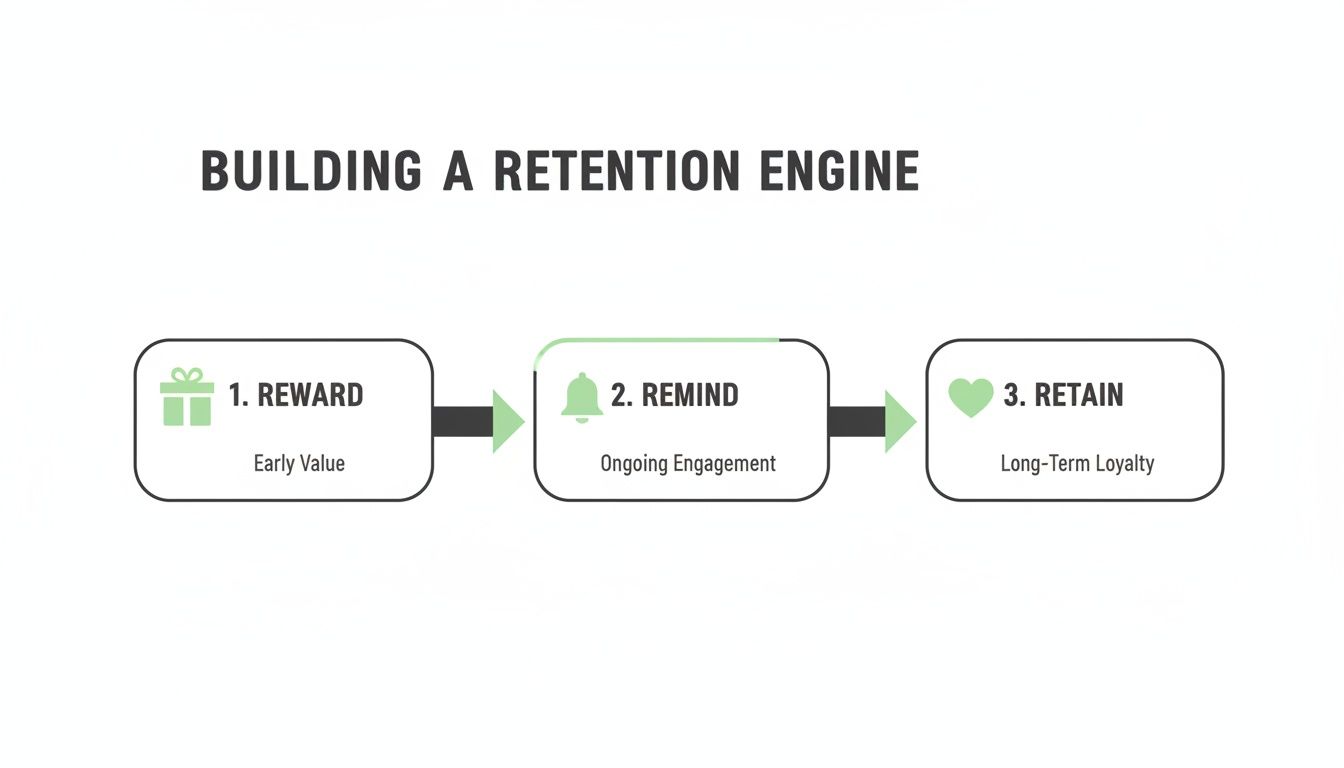 Diagram outlining a three-step customer retention engine: Reward, Remind, and Retain for loyalty.