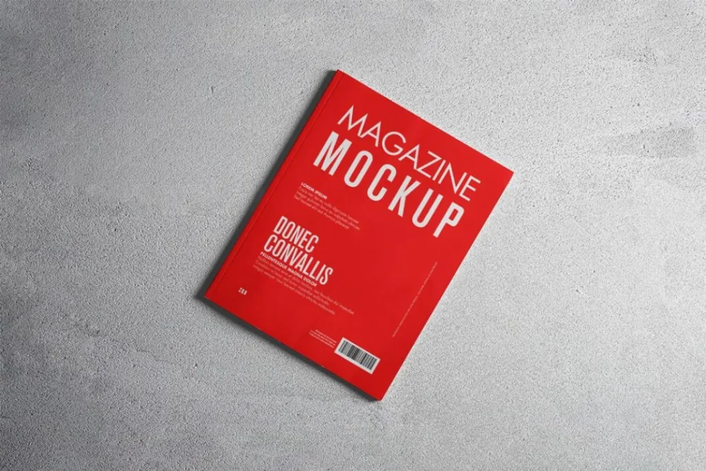 Magazine mockup with a red cover featuring bold white text, placed on a textured gray concrete surface. The magazine is angled slightly, with natural lighting emphasizing surface details.