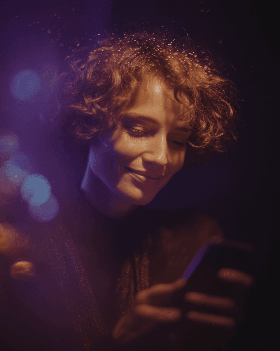 two people looking at a tablet and smiling