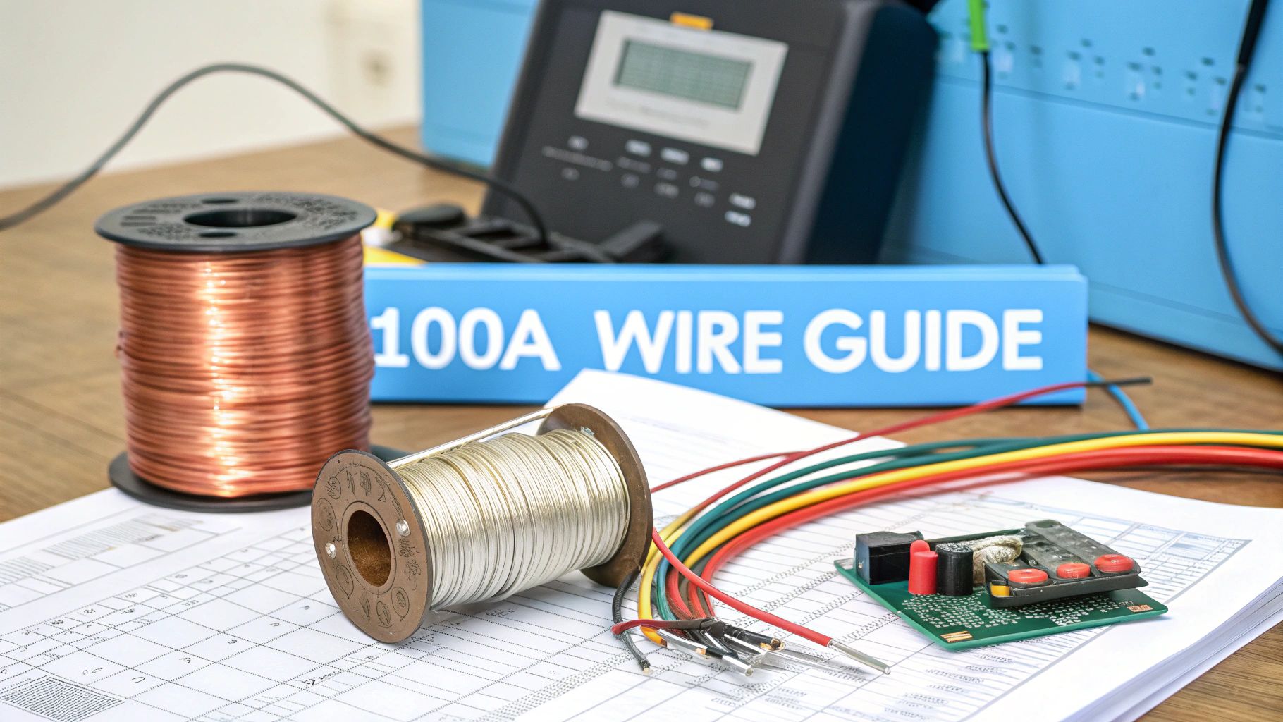 a cluttered desk with wire in front of a blue block showing the text '100A wire guide'