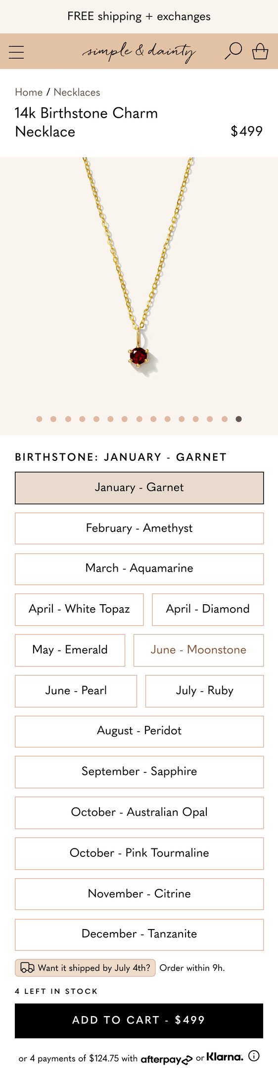 Jewelry product options include: necklace, pendant, birthstone for 14k Birthstone Charm Necklace from Simple and Dainty.