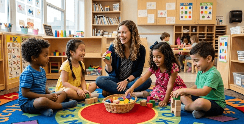 Diverse group of children learning together in a multicultural preschool classroom in Tampa
