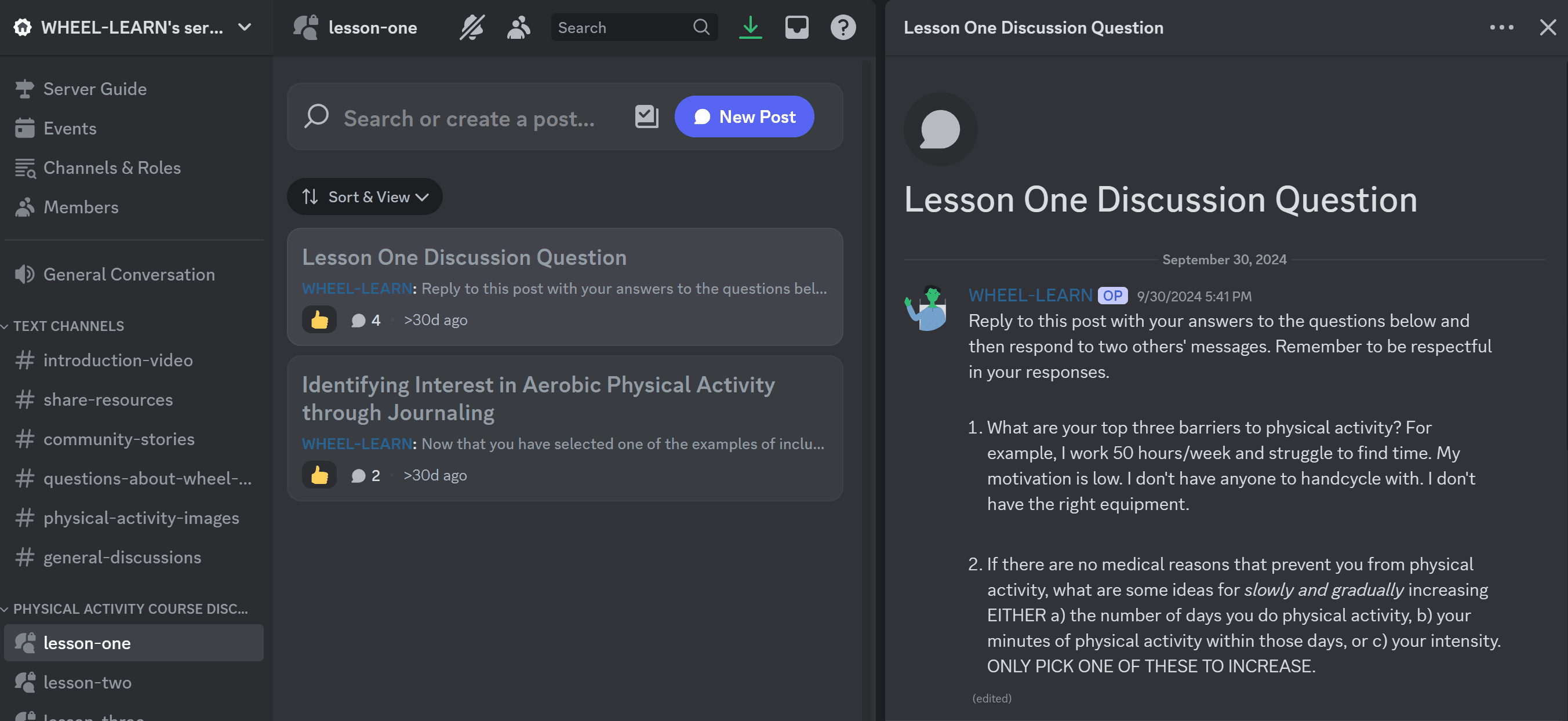 An image of a Discord server with a message that says: "Lesson One Discussion Question".