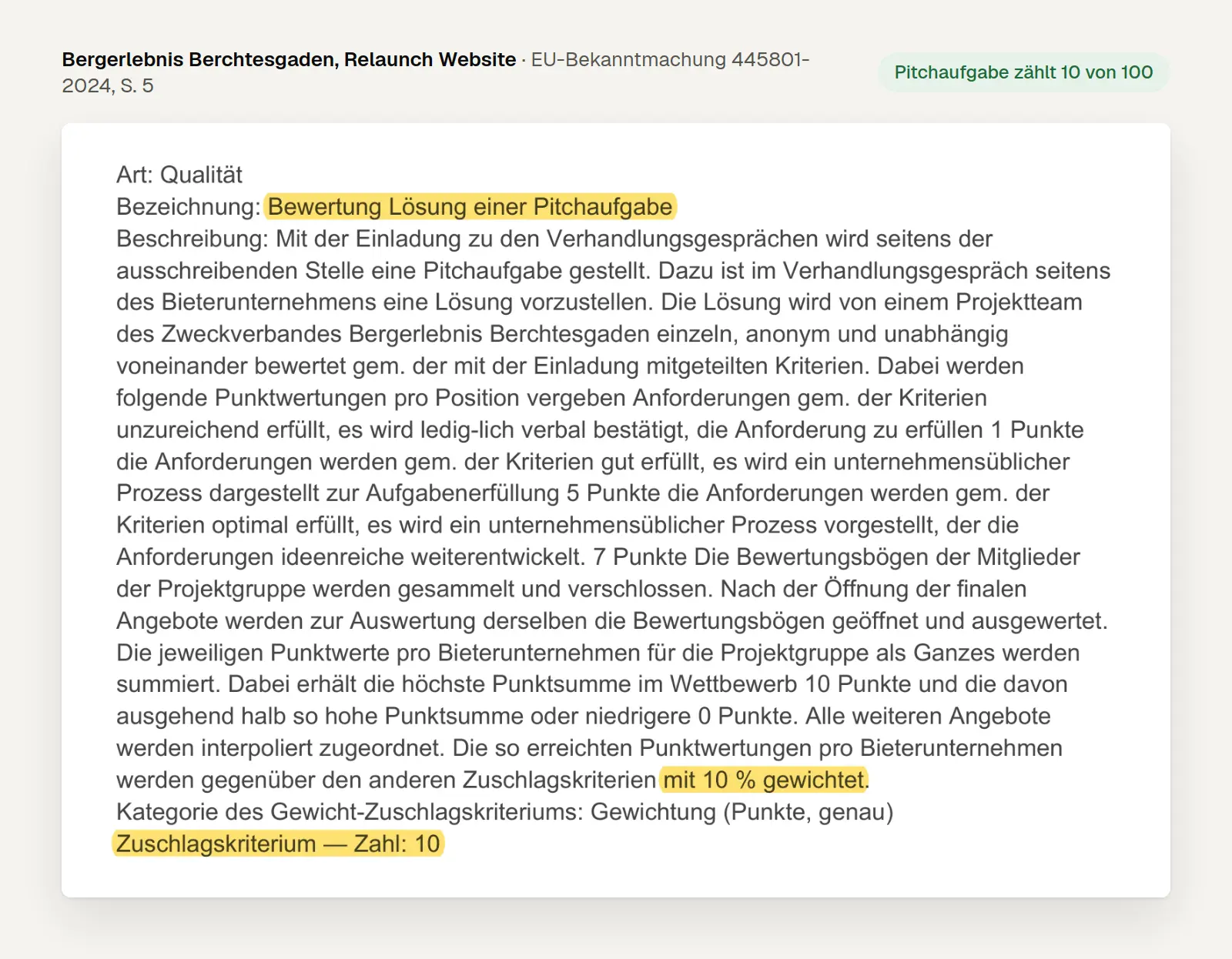 Ausschnitt aus der EU-Bekanntmachung des Zweckverbands Bergerlebnis Berchtesgaden 2024: Zuschlagskriterium Bewertung einer Pitchaufgabe mit 10 Prozent Gewicht
