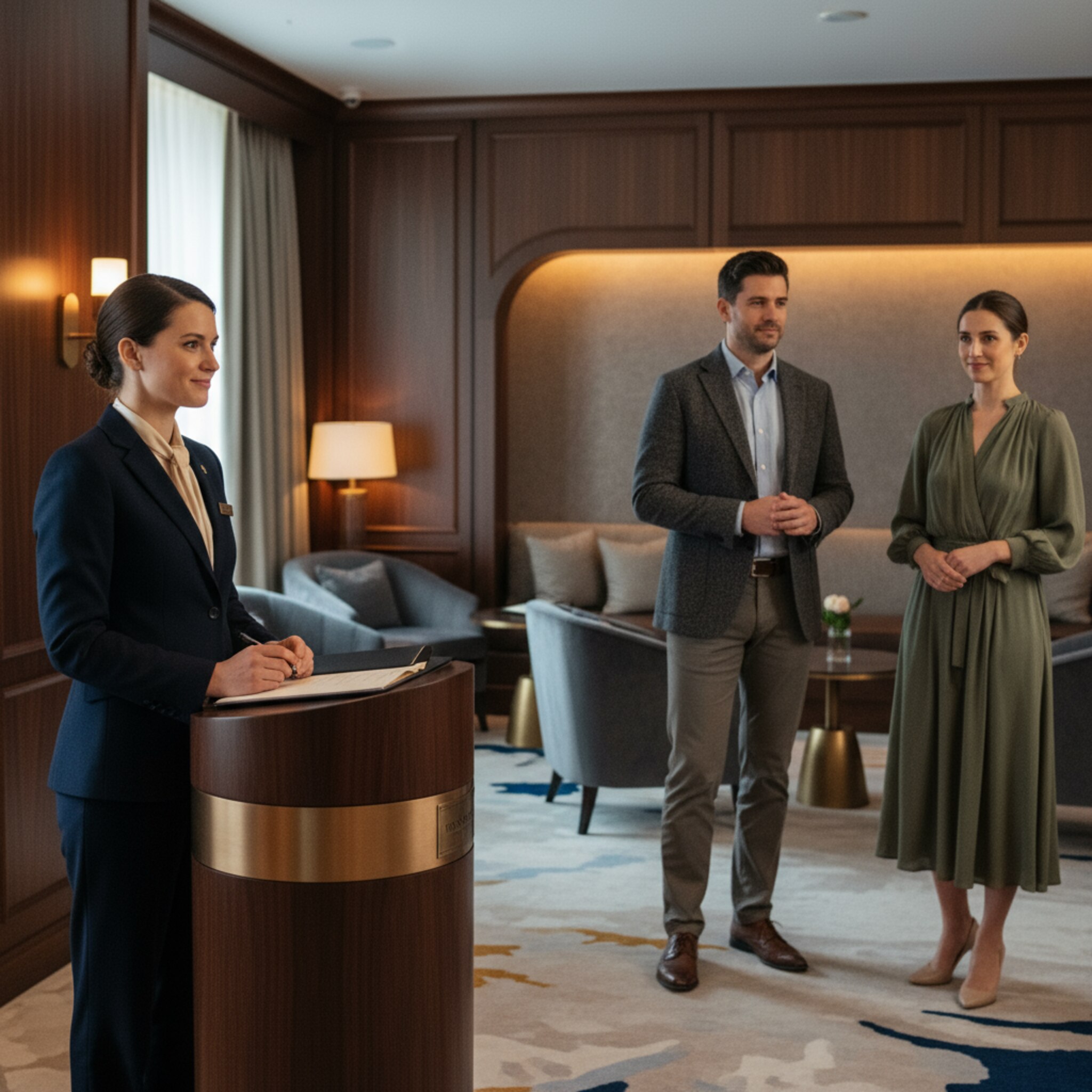 In einer ruhigen Nische überprüft ein Host diskret eine elegante Namensliste, während gedämpftes Licht über die Sitzgruppen fällt. Ein dezentes Namensschild liegt bereit. Gäste werden mit einem kurzen Nicken eingelassen. Die Situation wirkt kontrolliert, respektvoll und klar organisiert.