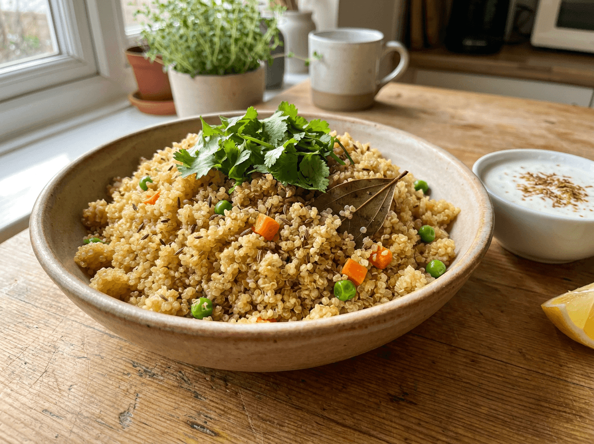 Quinoa pulao with peas, carrots, and coriander as plant-based protein