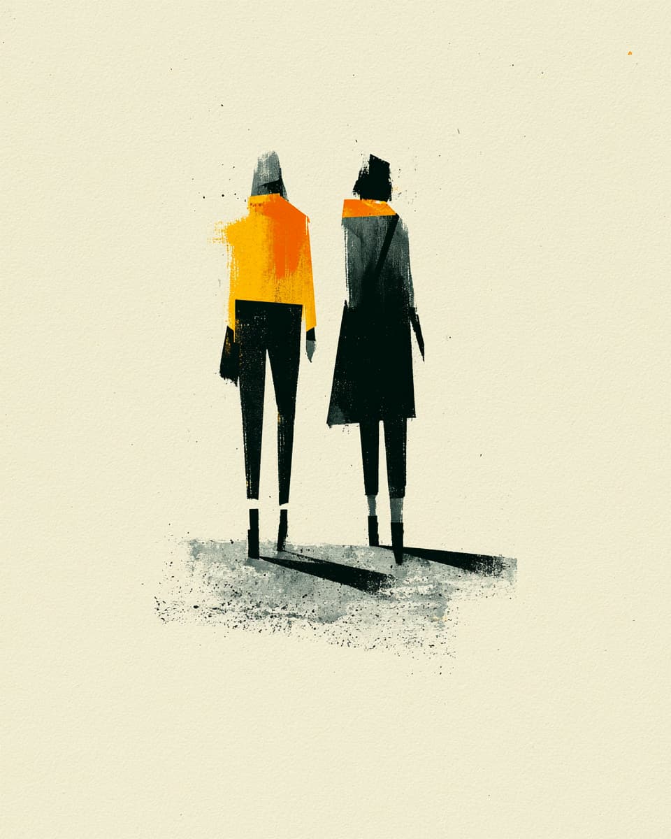 Illustration zweier Personen, die Rücken an Rücken stehen.  Moderne Kunst, minimalistisch.