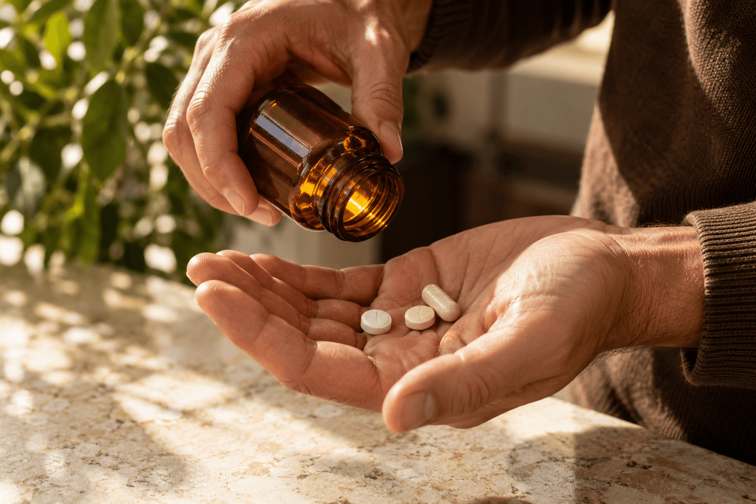 Tablets poured from a pill bottle into a hand