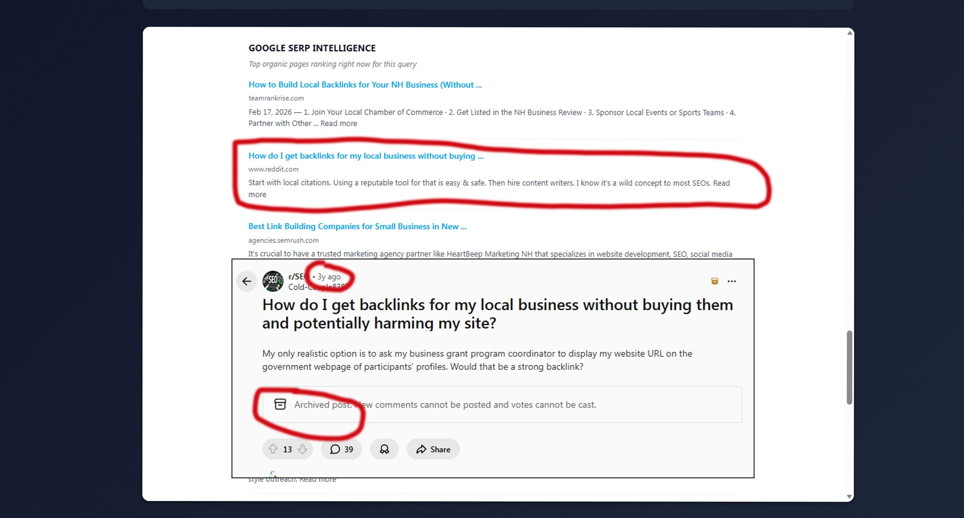 screenshot of a Content Strategy Report showcasing Reddit Ranking on old, archived posts