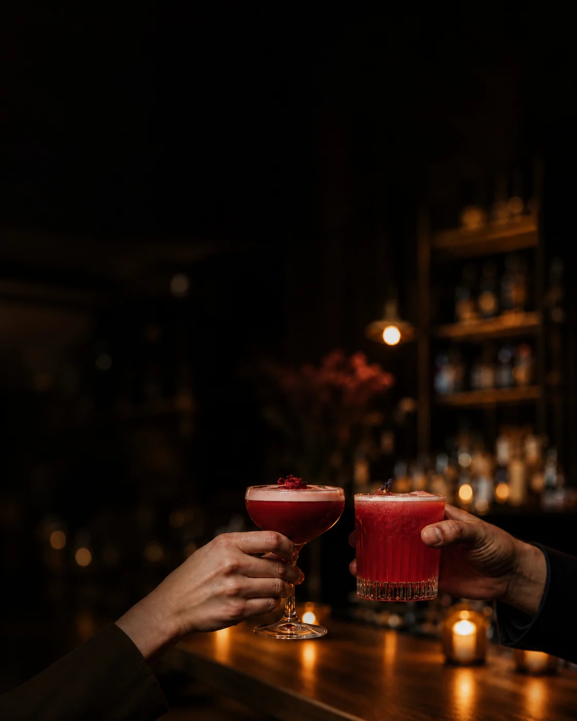 Two guests toast with burgundy cocktails beneath warm restaurant lights.