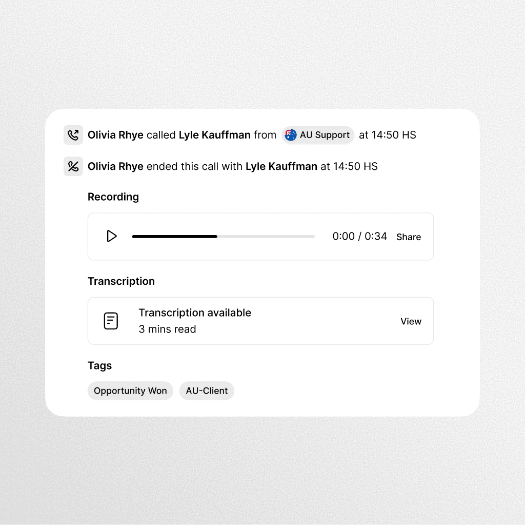 Call log interface showing details of a call with Lyle Kauffman, including a recording, transcription, and related tags like “Opportunity Won.”