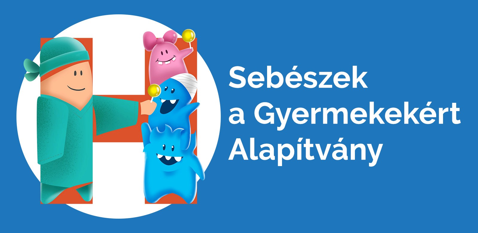 Sebészek a gyermekekért alapítvány logója ltható, egy H betűn, illusztráción egy orvossal és kis manókkal.