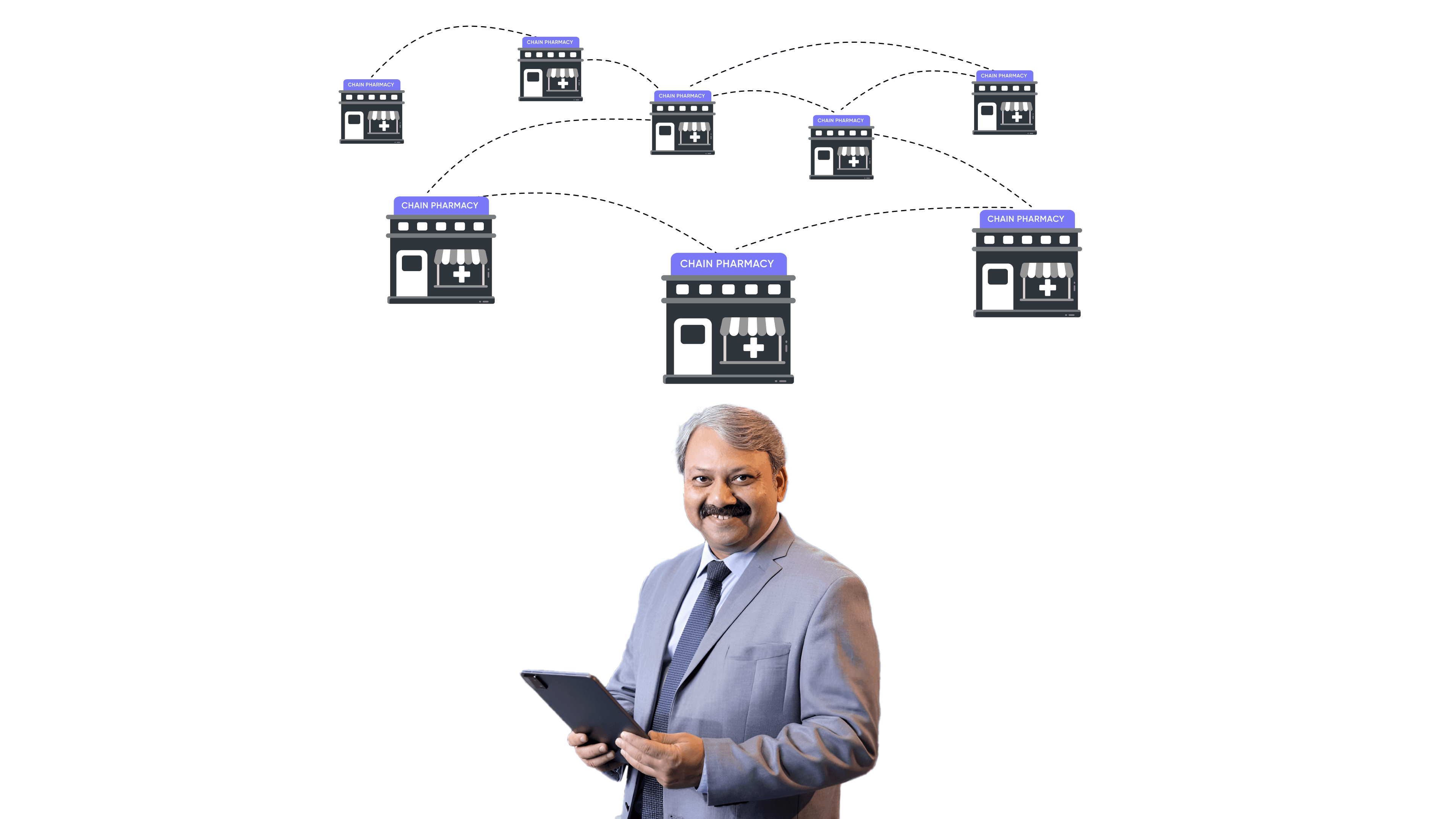 Illustration of a pharmacy chain network managed centrally using pharmacy software with a smiling business owner holding a tablet