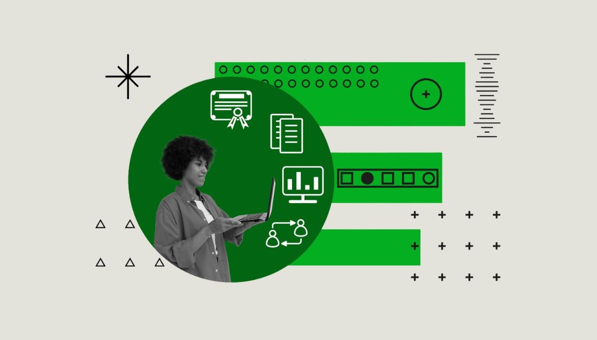 Illustration of worker with laptop surrounded by analytics and communication icons, representing talent assessment tools in recruitment.
