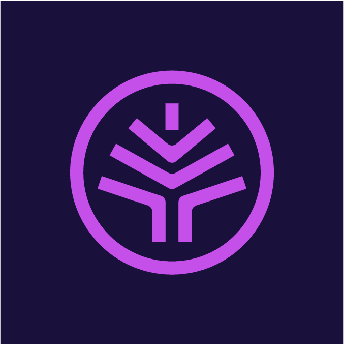 A circular logo for 'Wired Roots' set against a deep navy-blue background. The design features a vibrant purple outline circle enclosing an abstract tree-like symbol. This symbol is composed of three symmetrical, upward-slanting branches that converge toward a central vertical line, evoking both tree roots and digital pathways, symbolizing the brand's blend of organic and technological themes. The overall look is modern and sleek, emphasizing connectivity and growth.