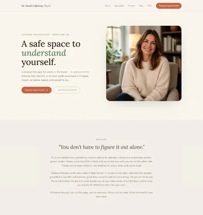 Therapy practice website template preview with calm cream palette