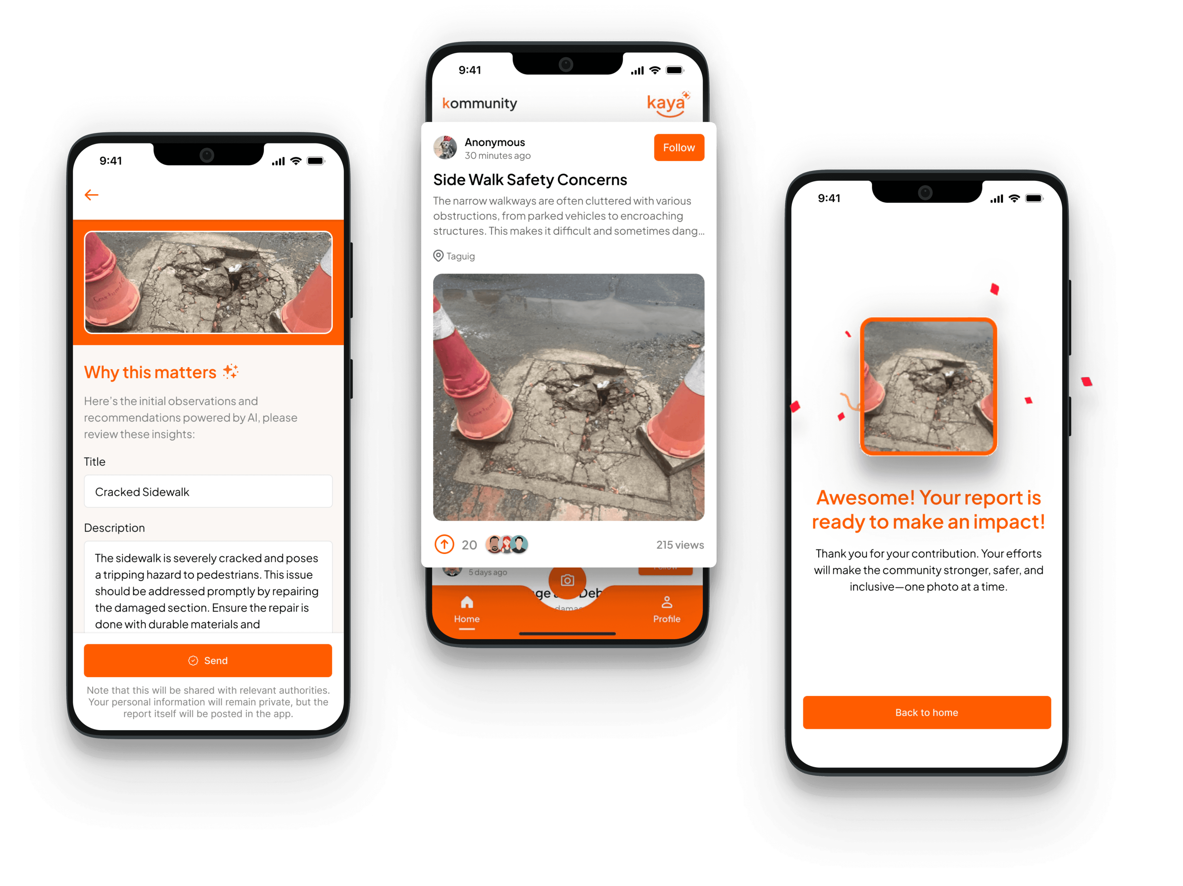 Mobile app mockups illustrating the flow of reporting a cracked sidewalk, viewing it in a community feed, and receiving a confirmation that the report was submitted.
