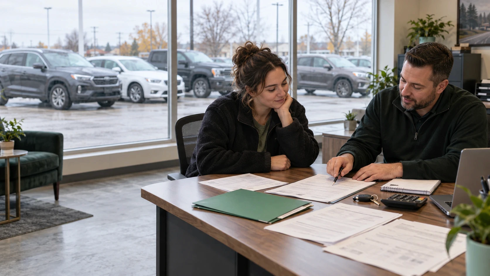 Customer and a dealership staff member reviewing car financing paperwork at a desk, with used vehicles on the lot outside