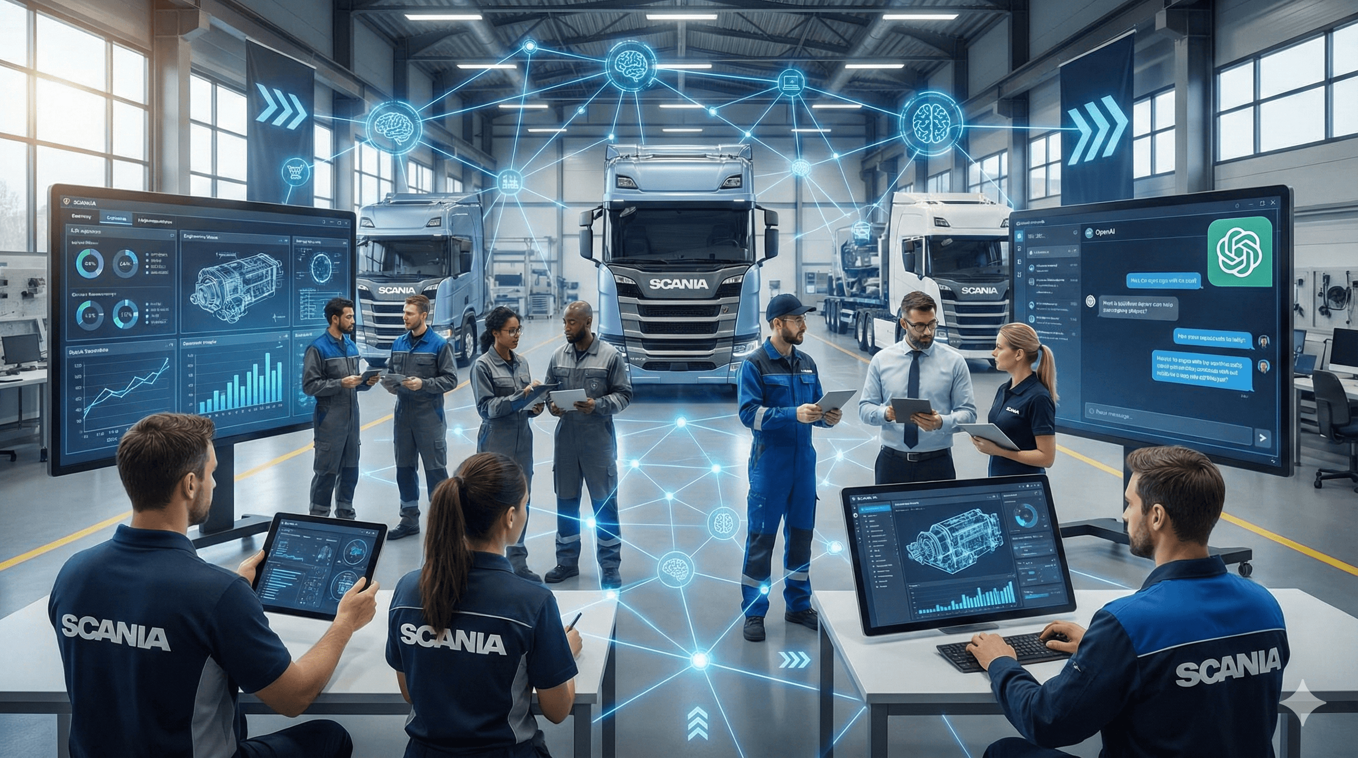 In a modern automotive workshop, several Scania trucks are surrounded by groups of people using high-tech digital interfaces, highlighting advanced technological communication and efficiency.