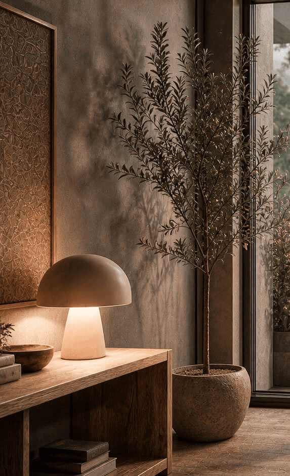 Bedside lamp and vase beside a timber bedroom wall