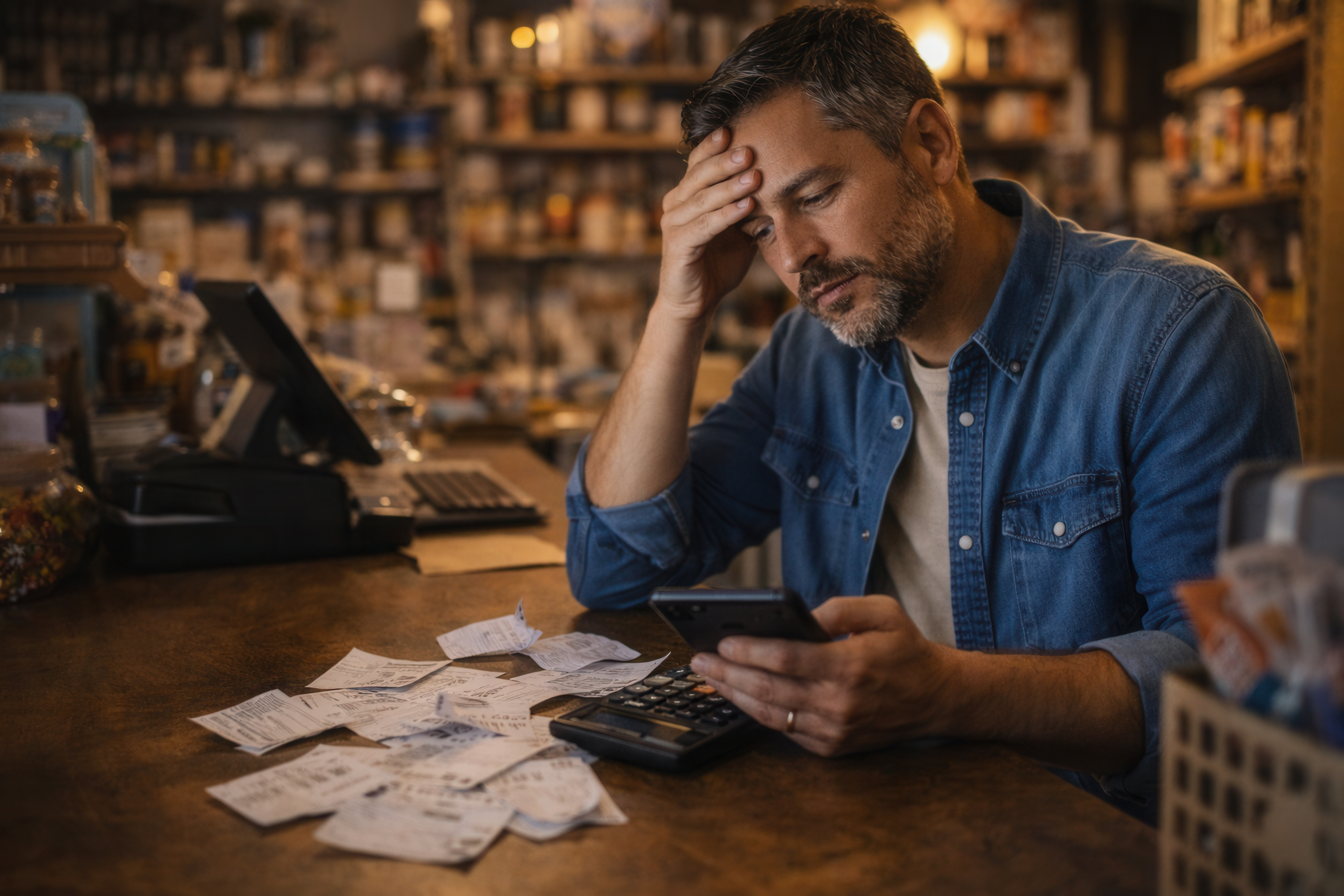 Small business owner reviewing paperwork and receipts considering financing options