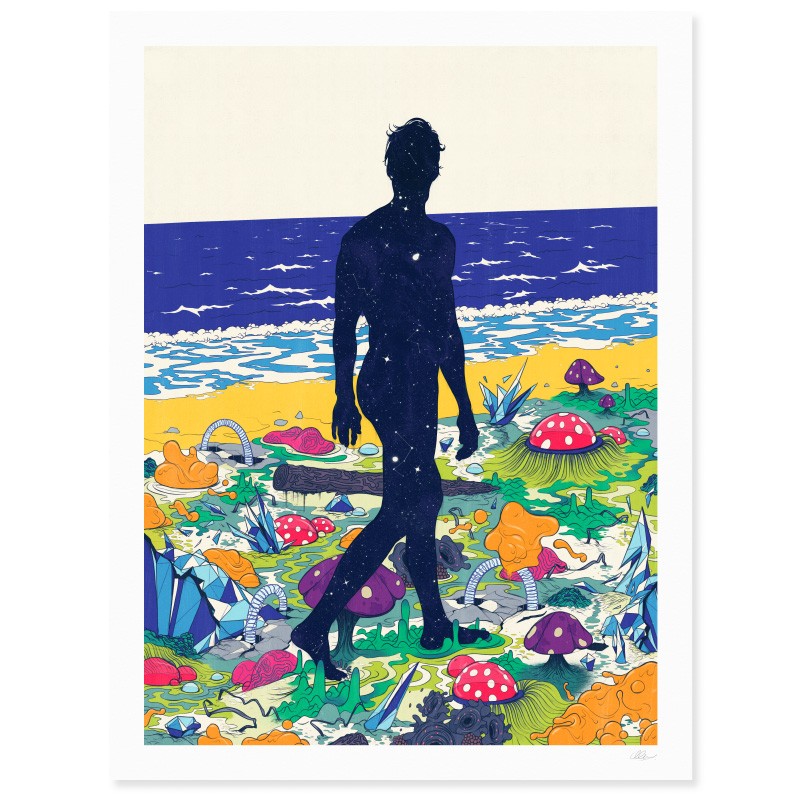 A vibrant, surreal print blending ocean, forest, and cosmos. A silhouetted figure walks through a dreamlike landscape of mushrooms, crystals, and stars—symbolizing exploration of the self and nature.