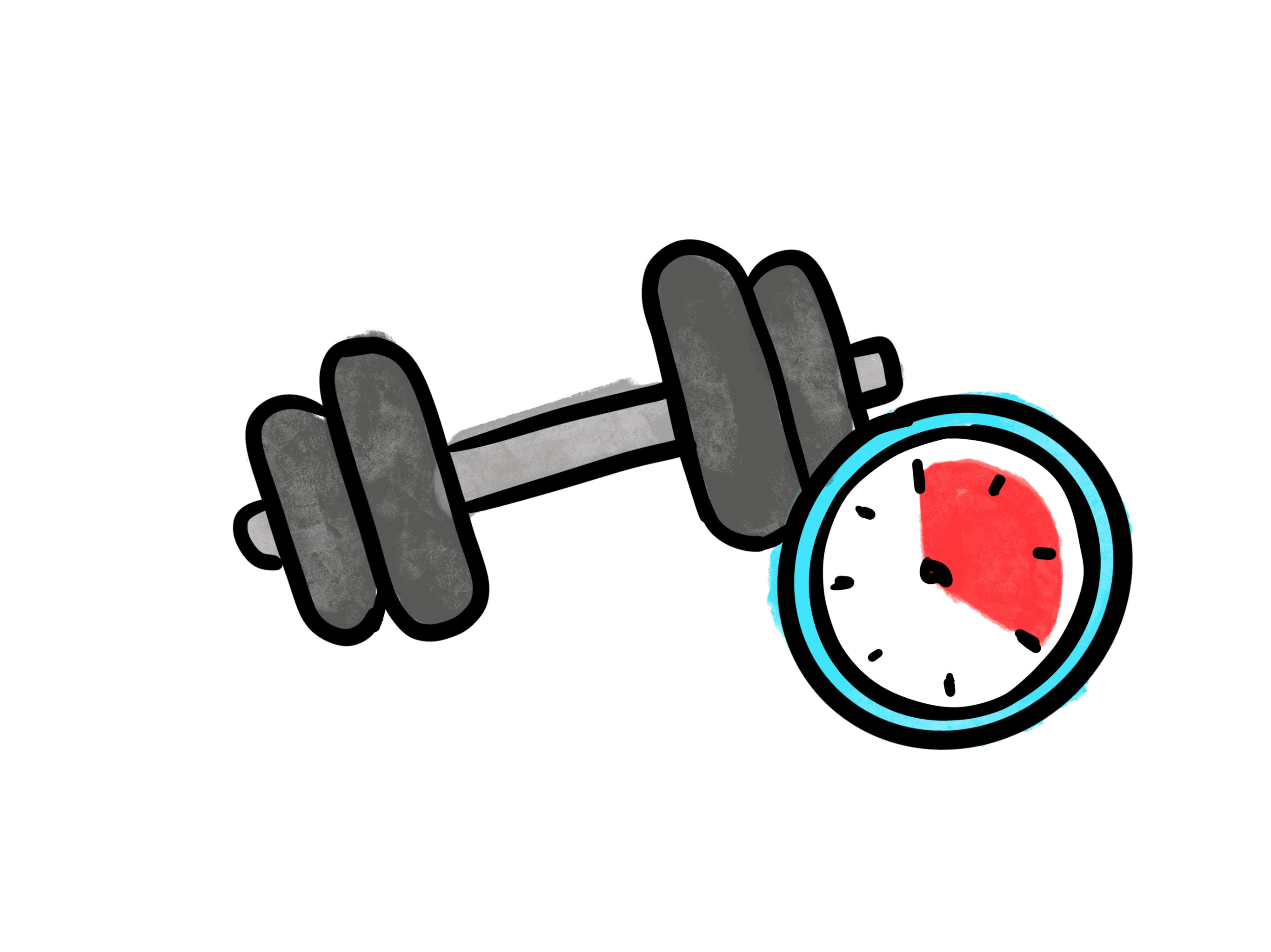 Illustration of a dumbbell and a stopwatch symbolizing practice and timed exercises in facilitation training