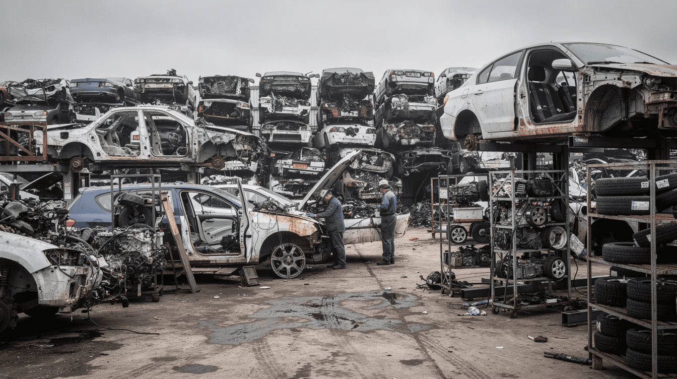 Dans un centre de recyclage automobile, plusieurs véhicules hors d'usage sont en cours de démantèlement, avec des pièces détachées éparpillées autour. Ce processus de destruction des épaves respecte les normes de dépollution et de recyclage en vigueur.