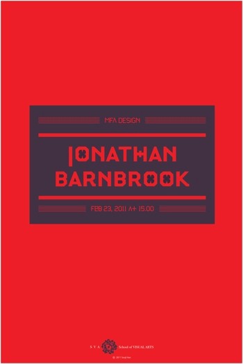 A poster with red background, a black square with red writing on it tat says: MFA Design Jonathan Barnbrook.
